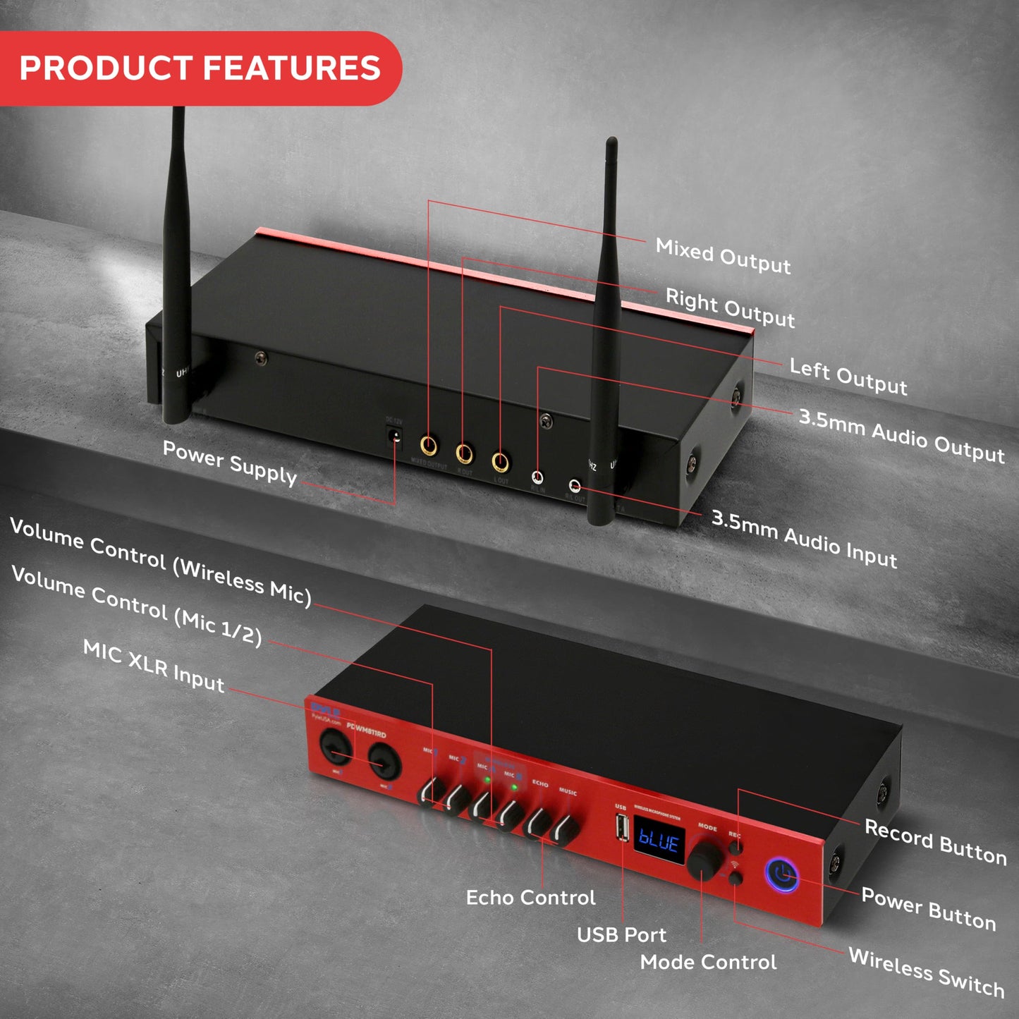 Pyle UHF Wireless Microphone System, Bluetooth, Handheld Mics, Receiver Base, Selectable Frequency, Karaoke, Professional Use, Battery Operated, 165 ft Range, Echo Control, Includes Cables