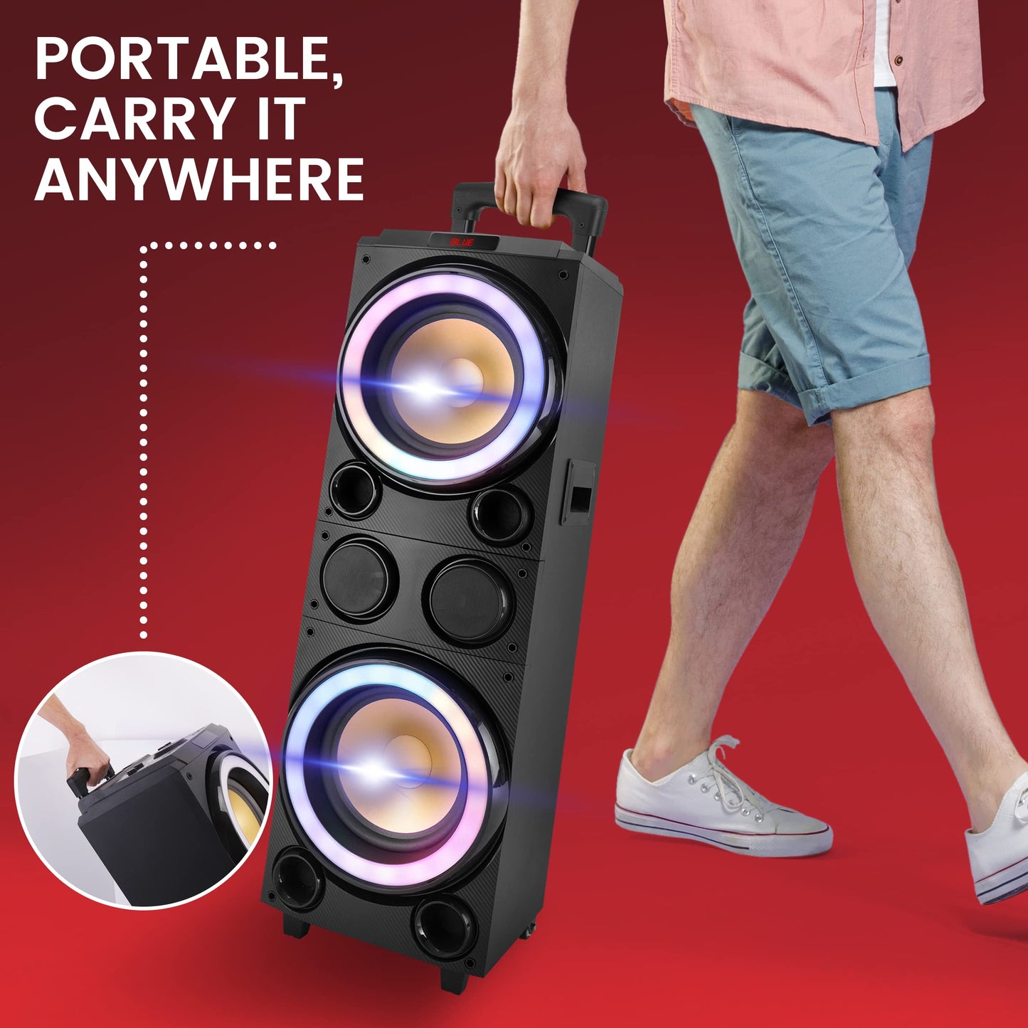 Pyle 10'' Portable Bluetooth Speaker System - Karaoke Speaker w/LED Lights, USB/Micro SD/FM/BT/Aux/Remote Control/Mic & Guitar Inputs, Built-in Rechargeable Battery w/Wheels & Handle Bar