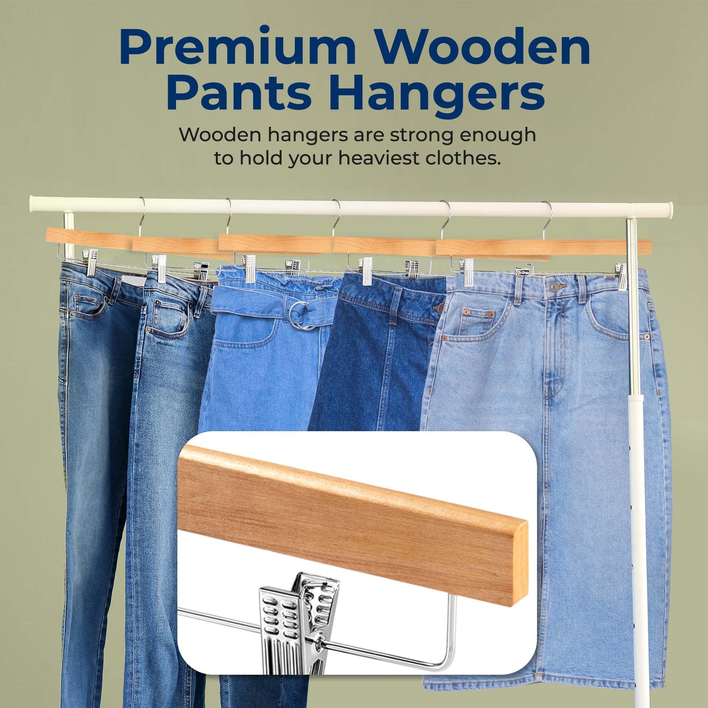 SereneLife 30 Pack Wooden Pants Hangers with Clips – Natural Wood 14"x0.5"x6.7", Heavy Duty Wood Skirt Hangers with 360° Swivel Hook & Adjustable Non-Slip Clips for Jeans Slacks Shorts