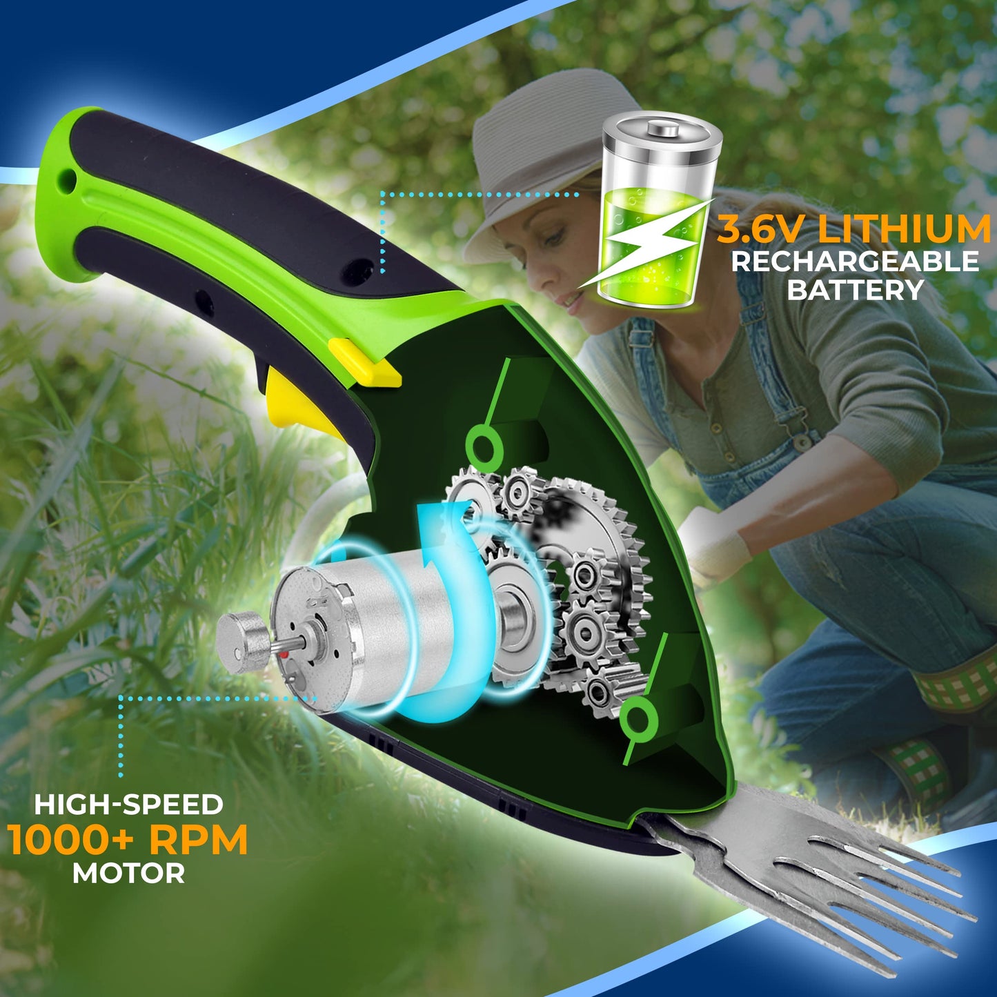 SereneLife Cordless Handheld Grass Cutter Shears, Portable Lightweight Electric Hedge Trimmer, Hand Held Garden Clippers Powered with Rechargeable 3.6V Battery, Changeable Blade Trimmers Light Green