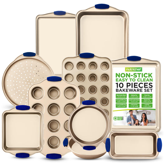 NutriChef 10-Piece Nonstick Bakeware Set - Premium Carbon Steel Baking Trays w/Heatsafe Silicone Handles, Includes Pizza Crisper, Loaf Pan, 12 & 24 Cup Muffin Pans, Round/Square Pans, Cookie Sheets