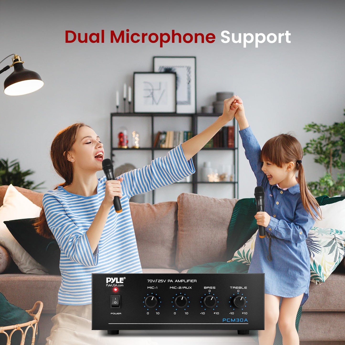 Pyle 60W Compact Mini Home Power Amplifier - Bluetooth 5.0 Stereo Receiver with RCA - 2 Mic Inputs - 25/70V Outputs - LED Indicator - Tone Control - Input Selector - For PA and Speaker System - PCM30A