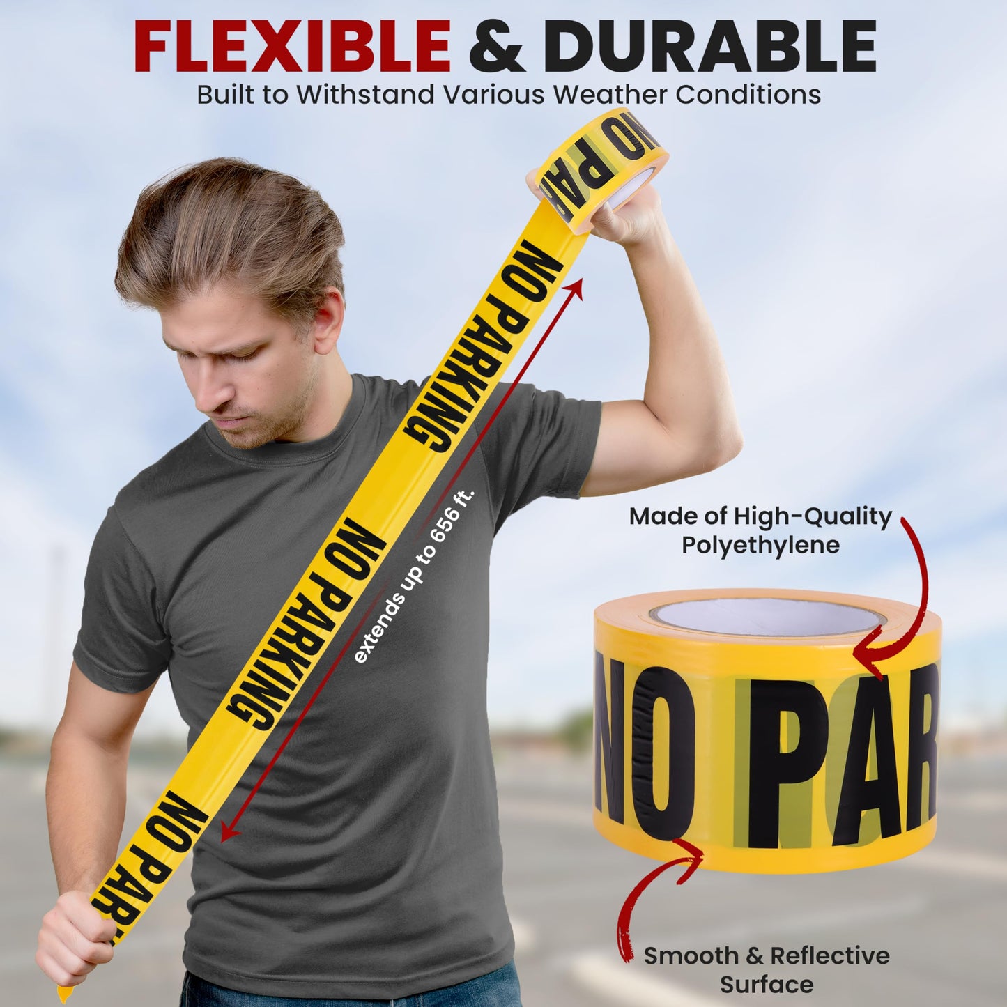 pyle "No Parking Caution Tape Yellow, 200 Meter Roll of Non-Adhesive Safety Barricade Warning Tape, Highly Durable & Visible for Indoor/Outdoor Use 12 pc