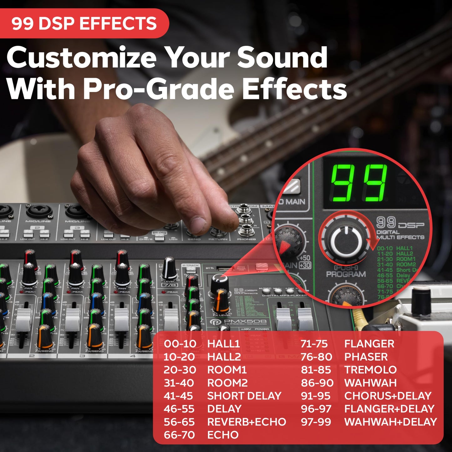 Pyle 8-Channel Audio Mixer - Bluetooth 5.0 Studio Mixer/DJ Controller with Digital Effects - USB Interface - MP3 Compatible - XLR Inputs and LED Display - Audio Mixing Sound Board System - PMX508