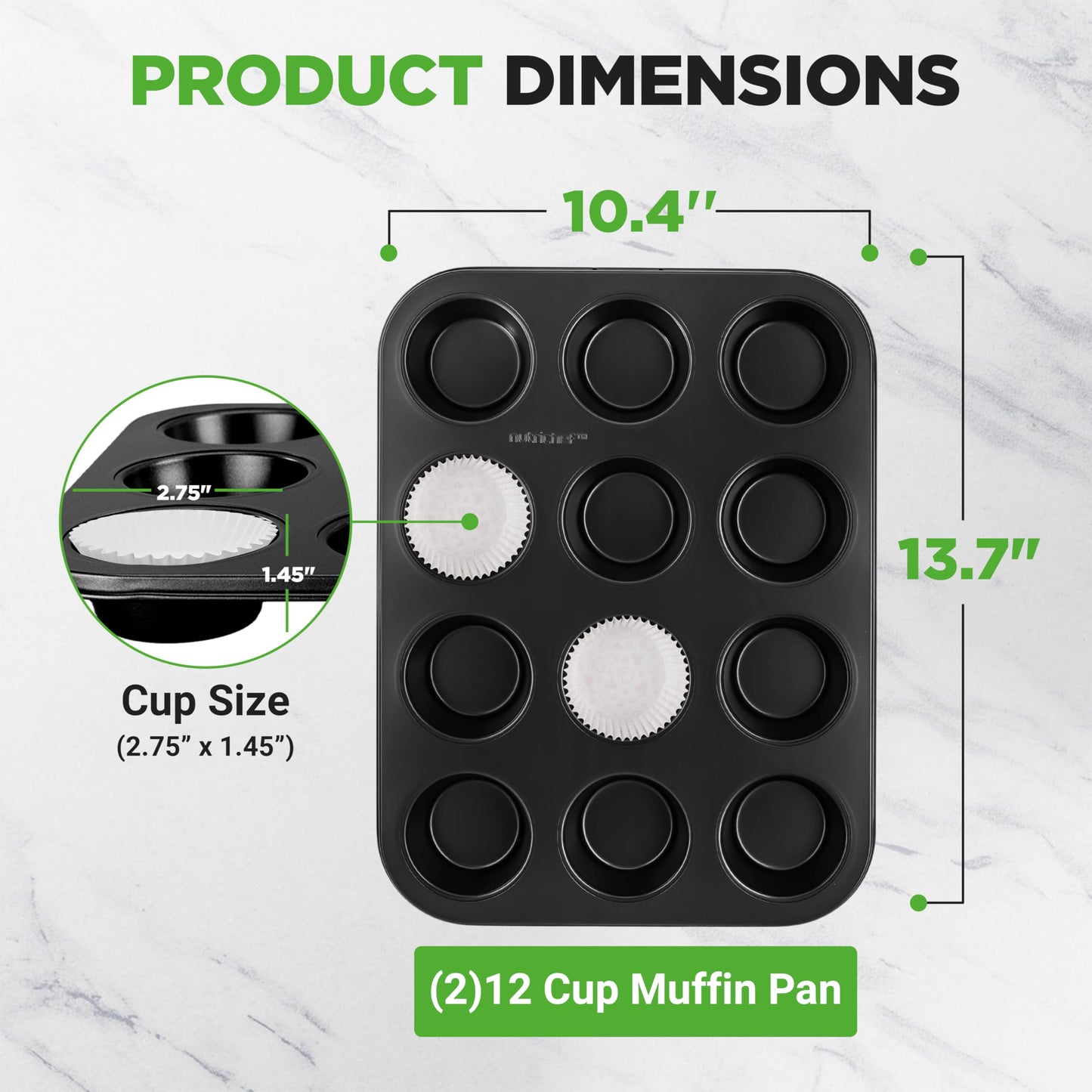 NutriChef Muffin Pans for Baking 2-Pack | Nonstick 12 Mold Cupcake Tins | Carbon Steel Stackable Cup Cake Trays | Dishwasher & Oven Safe | Includes 100 Parchment Paper Liners | 13 x 10 x 1 | Black
