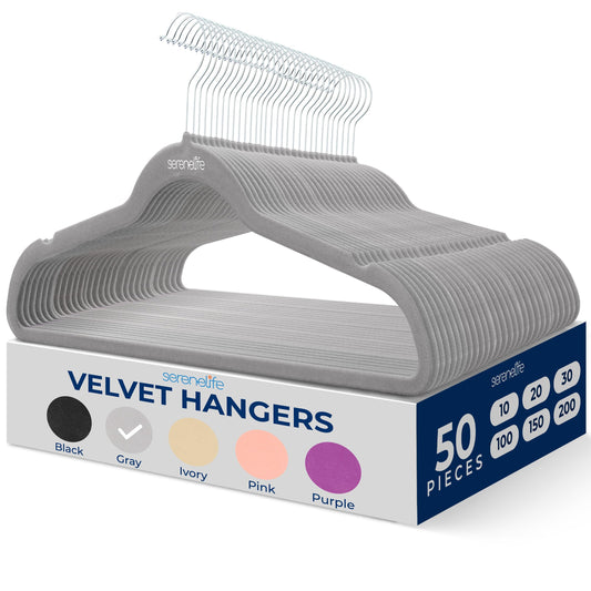 SereneLife 50 Pack Velvet Hangers - Non-Slip, 360° Swivel Hook - Ultra-Thin, Lightweight Velvet Hangers for Shirts, Sweaters, Hoodies, Kids Clothes & Dresses - Space-Saving