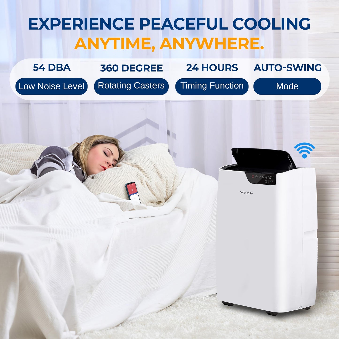 SereneLife Portable Air Conditioner 12000 BTU - 4-in-1 with Heating - Compact Standing Air Conditioner for Room Up to 380 Sq. Ft. - WiFi app + Remote Control, Window Mount Exhaust Kit