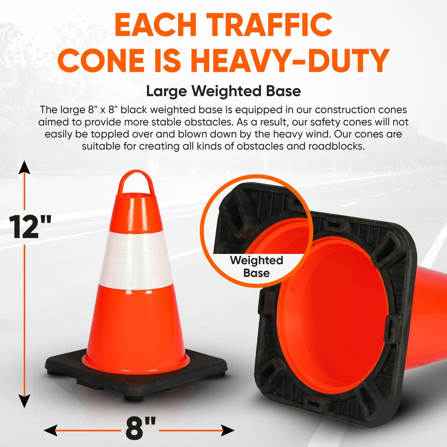 Pyle 12" PVC Traffic Cones, 6-Pack Safety Cones for Parking, Construction, Roadwork, & Sports Training, High-Visibility Orange, Durable, Stackable Design, Heavy-Duty Base for Stability in All Weather