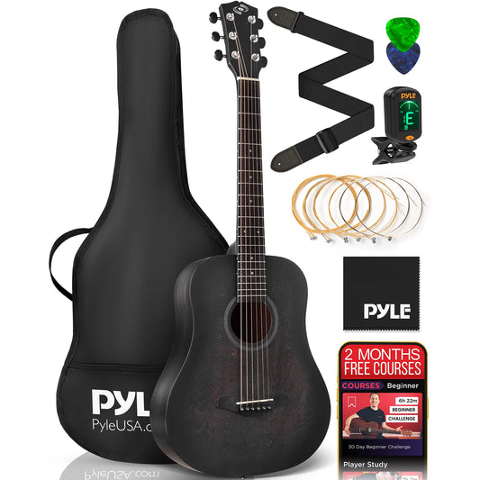 Pyle Acoustic Guitar Kit, 1/2 Junior Size All Wood Steel String Instrument for Beginner Kids, Adults, 34" Black Matte