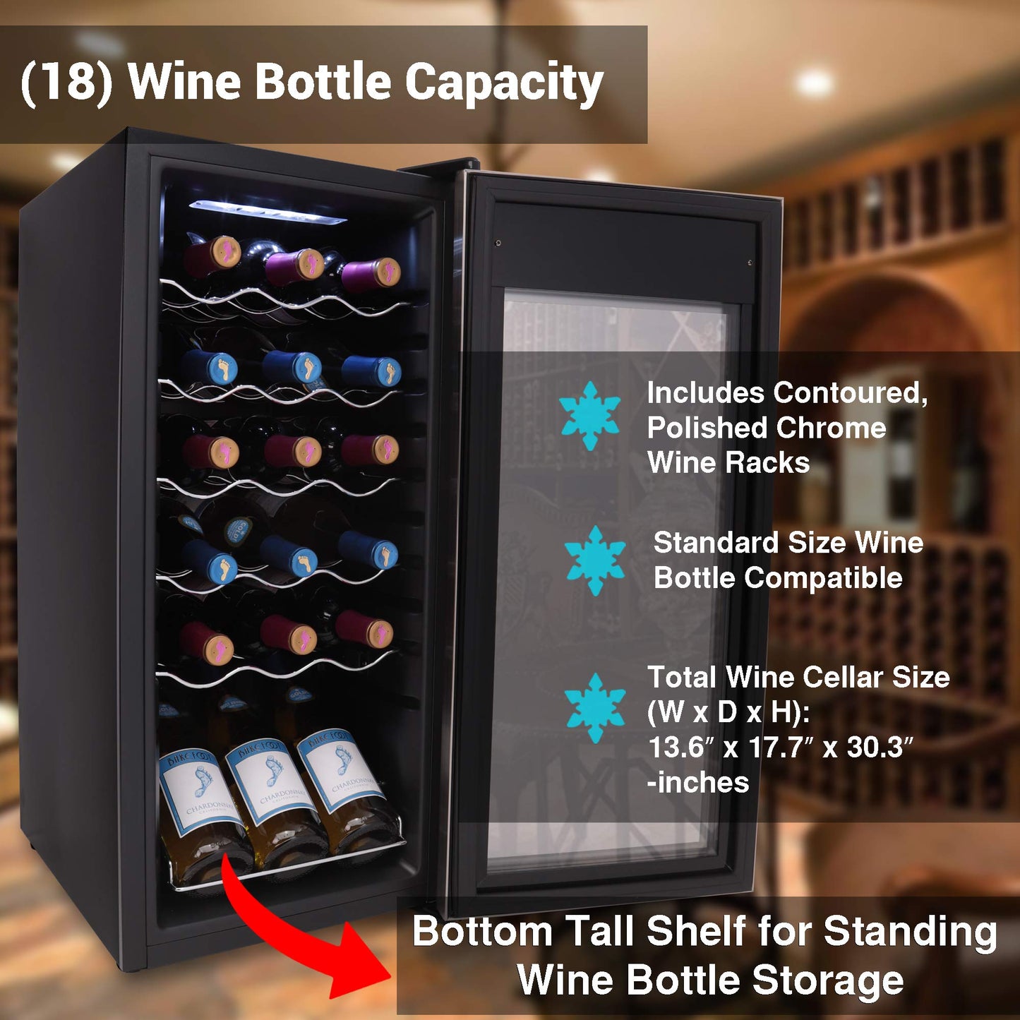 NutriChef PKCWC18 18 Bottle Fridge Slim Mini Cooler with Adjustable Temperature Control, Quiet Operation, for Red and White Wine, 30x13x17 in, Black