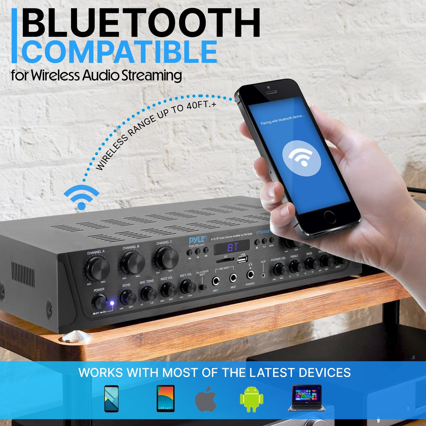 Pyle 600W 6-Channel Bluetooth Stereo Amplifier - Audio Receiver with Digital LCD - Microphone Input - USB - SD - AUX - RCA - FM Radio - Headphone Jack - Multi-Zone Control - PTA66BT