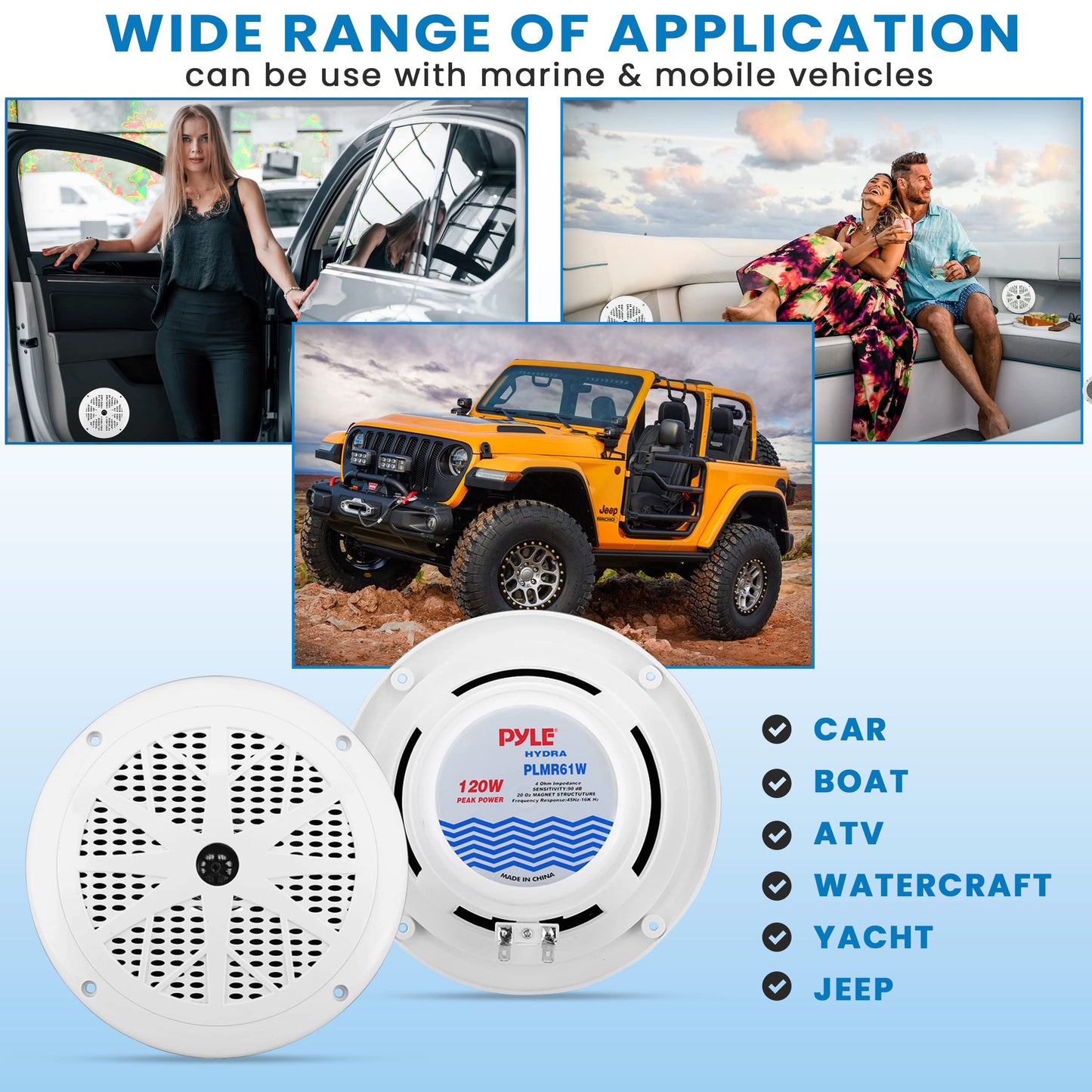 Pyle 6.5 Inch Dual Marine Speakers - 2 Way Waterproof and Weather Resistant Outdoor Audio Stereo Sound System with 120 Watt Power, Polypropylene Cone and Cloth Surround - 1 Pair - PLMR61W (White)