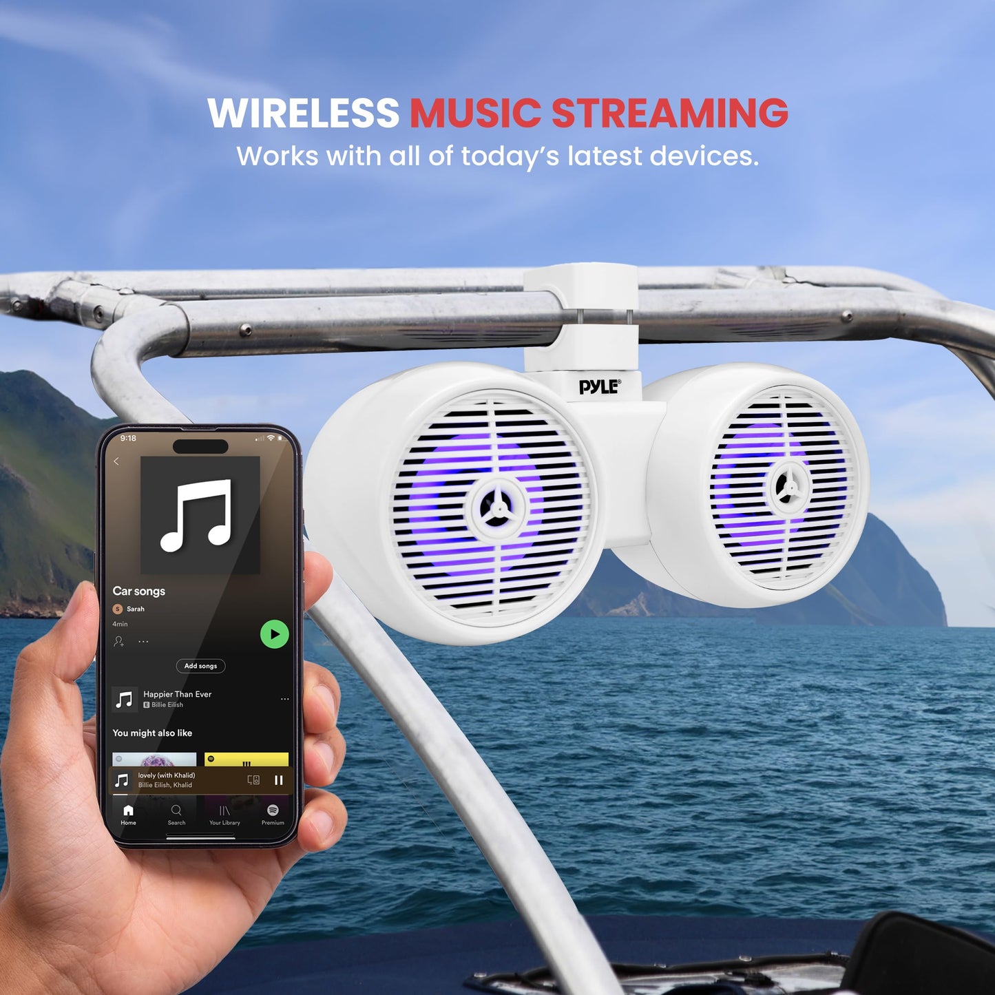 Pyle 6.5 Inch Marine Speakers with Bluetooth and Wireless Streaming, Boat Speaker with Built-in LED Lights, Waterproof, Heavy Duty ABS, 200W Max - Perfect for Music Lovers