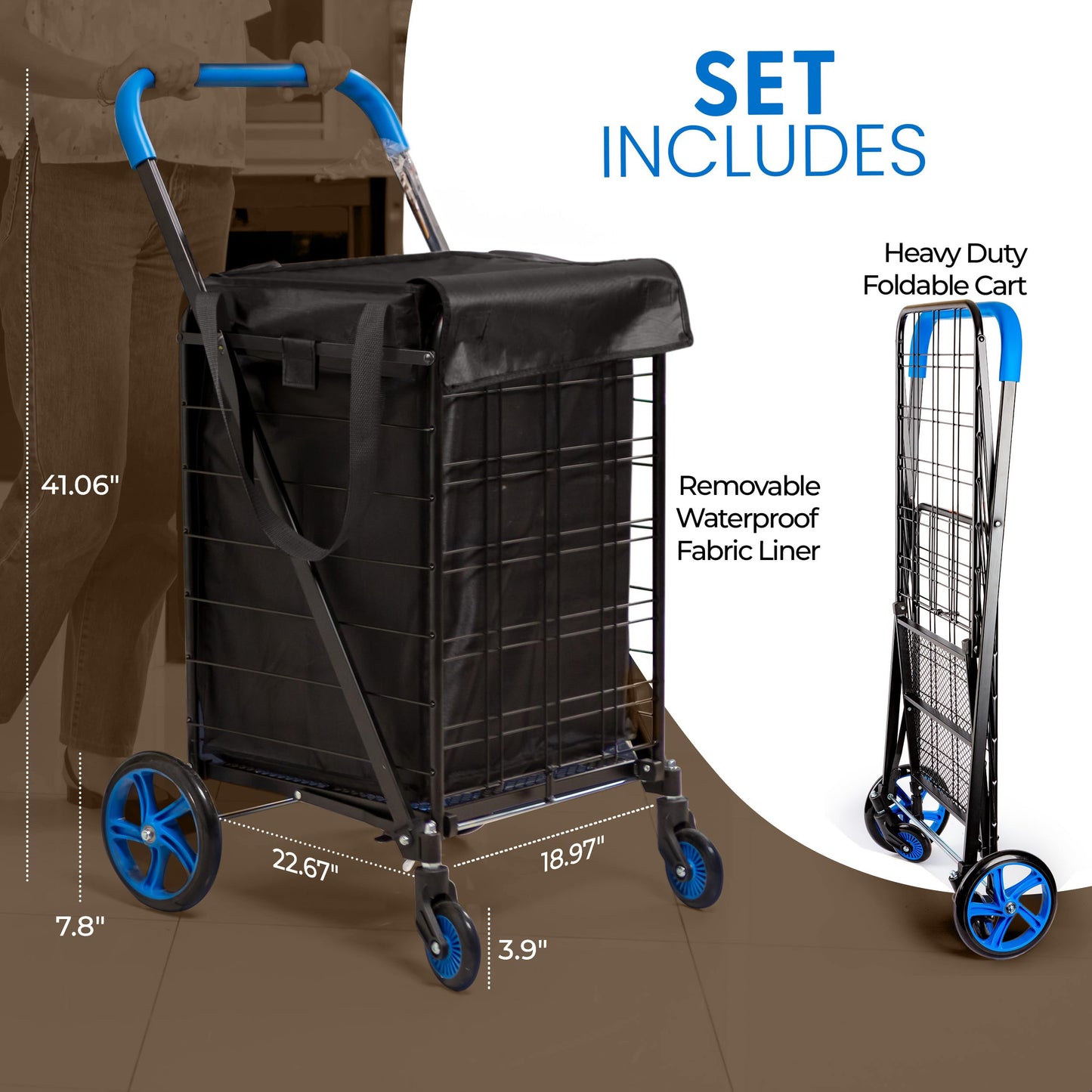 SereneLife Large Folding Utility Shopping Cart with Removable Liner – Heavy Duty, 360° Swivel Wheels, 110 lb Capacity, Portable for Groceries, Laundry, Luggage, and More(Blue)