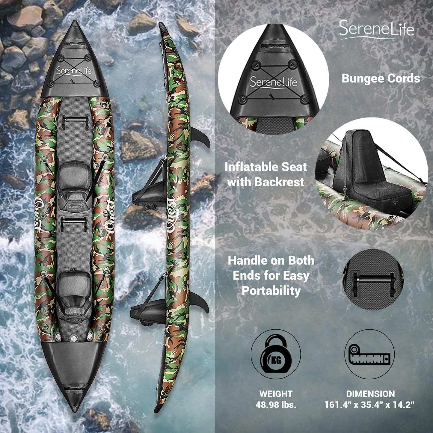 SereneLife 2-Person Inflatable Kayak with Aluminum Paddles & Pump – Portable, Lightweight Kayak for Adults with Adjustable Seats, Puncture-Resistant PVC, 660lb Capacity, Repair Kit & Carry Bag – Camo