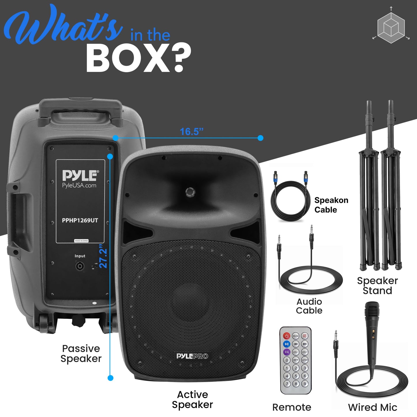 Pyle Wireless Bluetooth PA Speaker - 500W Full Range 15” Active + Passive Outdoor BT Audio System w/Party Lights, FM/AUX/MP3/USB/SD, Mic in, Handle, Wheels - with Stand, Microphone, Remote