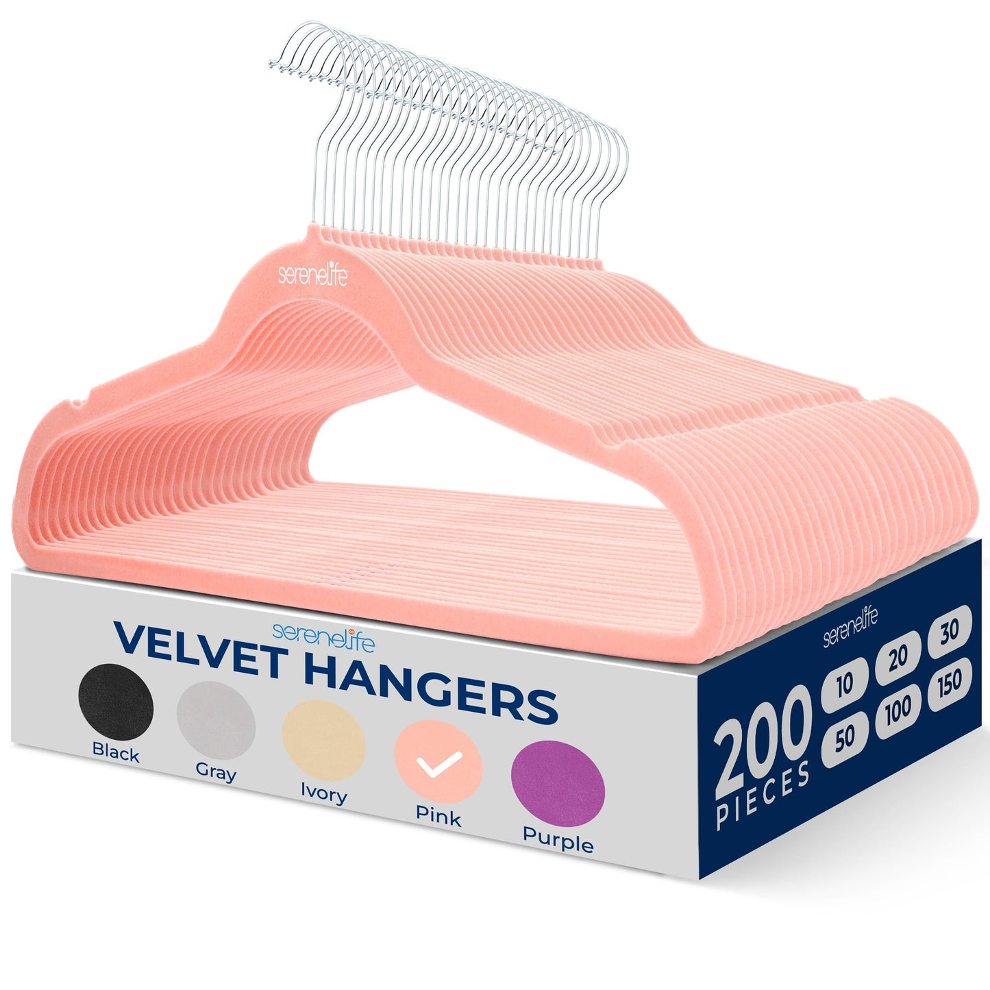 SereneLife 200 Pack Velvet Hangers - Non-Slip Felt Hangers with 360° Swivel Hook, Space-Saving, Ultra-Thin, Lightweight for Shirts, Sweaters, Hoodies, Kids Clothes & Dresses