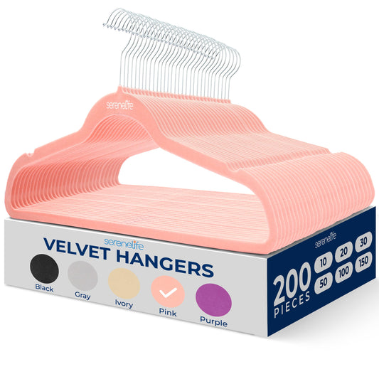 SereneLife 200 Pack Velvet Hangers - Non-Slip Felt Hangers with 360° Swivel Hook, Space-Saving, Ultra-Thin, Lightweight for Shirts, Sweaters, Hoodies, Kids Clothes & Dresses