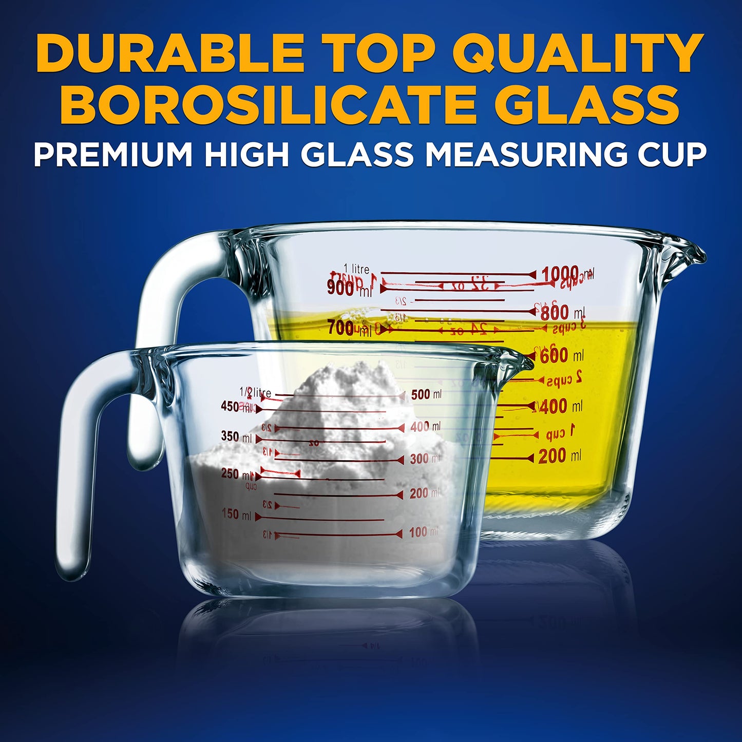 NutriChef 2 Pieces Measuring Cups - BPA-Free Premium Heat Resistant Borosilicate Glass Measuring Cups w/ Handle, Precise Measurement w/ Oz & Ml Scale in 500ml & 1000ml, Microwave & Oven Safe