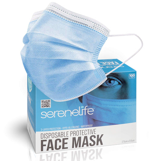 SereneLife 100 Pcs. Disposable Face Masks - 3 Layer Protection Breathable Face Masks, for Dust Covering, Protective Dust Filter, PPE Safety Mouth Cover, and Nose Shield, for Adults SL3PLY100
