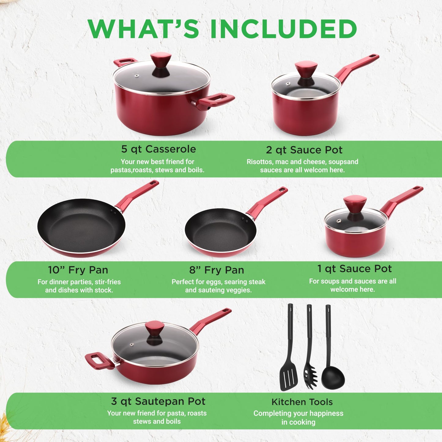 NutriChef 13 Pcs. Nonstick Kitchen Cookware PFOA-Free Heat Resistant Kitchenware Set w/Saucepan, Frying Pans, Cooking Pots, Casserole, Lids, & Utensils, Red NCCWA13RD