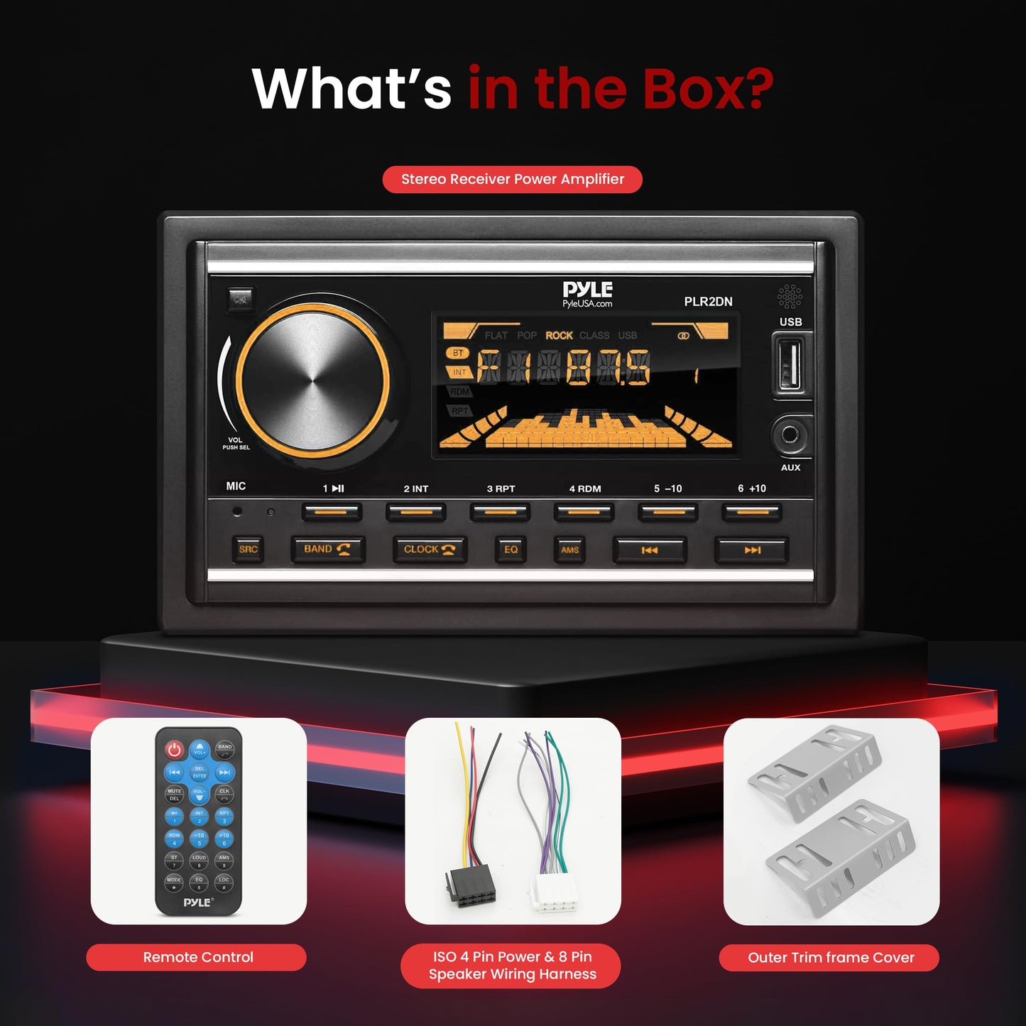 Pyle Boat Bluetooth Marine Stereo Receiver - Marine Head Unit Double DIN Stereo Receiver Power Amplifier - Hands-Free Calling, LCD, AM/FM/MP3/BT/USB/AUX - Remote Control, Wiring Harness - Pyle PLR2DN