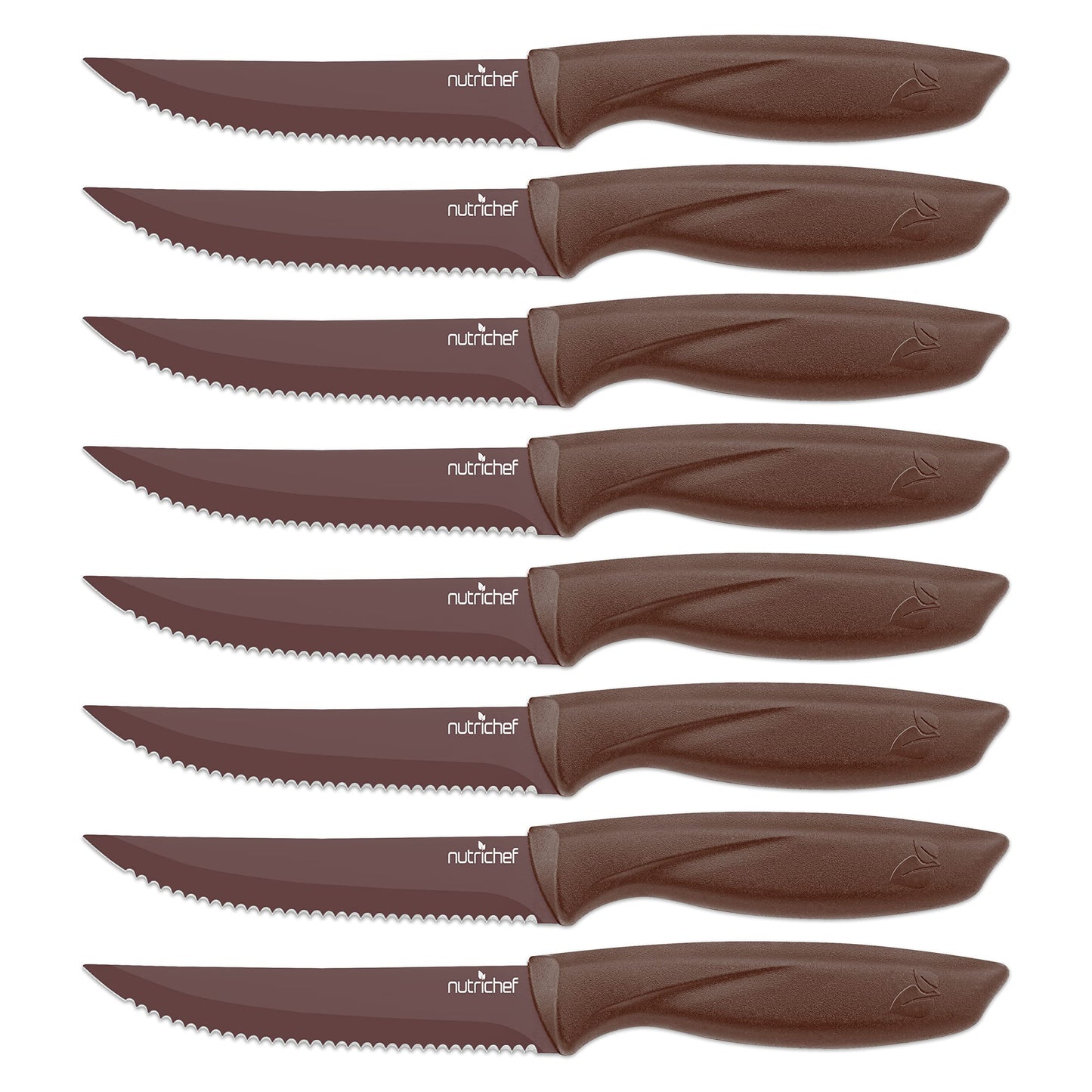 NutriChef 8 Piece Kitchen Knife Set - Multi-purpose Unbreakable Ergonomic Non-stick Stainless Steel Kitchen Steak Knives Set with Fully Serrated Blades - Great for BBQ Grill - NCSK8BW,Brown