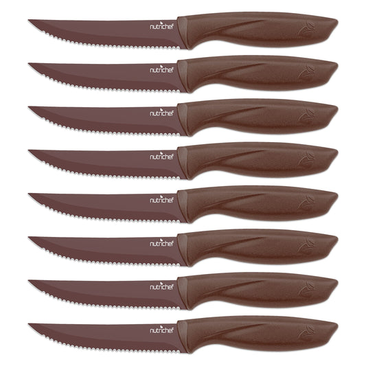 NutriChef 8 Piece Kitchen Knife Set - Multi-purpose Unbreakable Ergonomic Non-stick Stainless Steel Kitchen Steak Knives Set with Fully Serrated Blades - Great for BBQ Grill - NCSK8BW,Brown