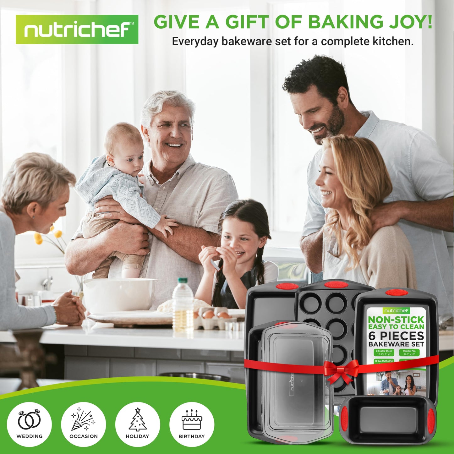 NutriChef 6-Piece Nonstick Baking Pan Set - Premium Steel Bakeware w/Silicone Handles - Includes 2 Baking Sheets, 12-Cup Muffin, Loaf, & Roaster Pan w/BPA-Free Lid - Easy to Clean, Black