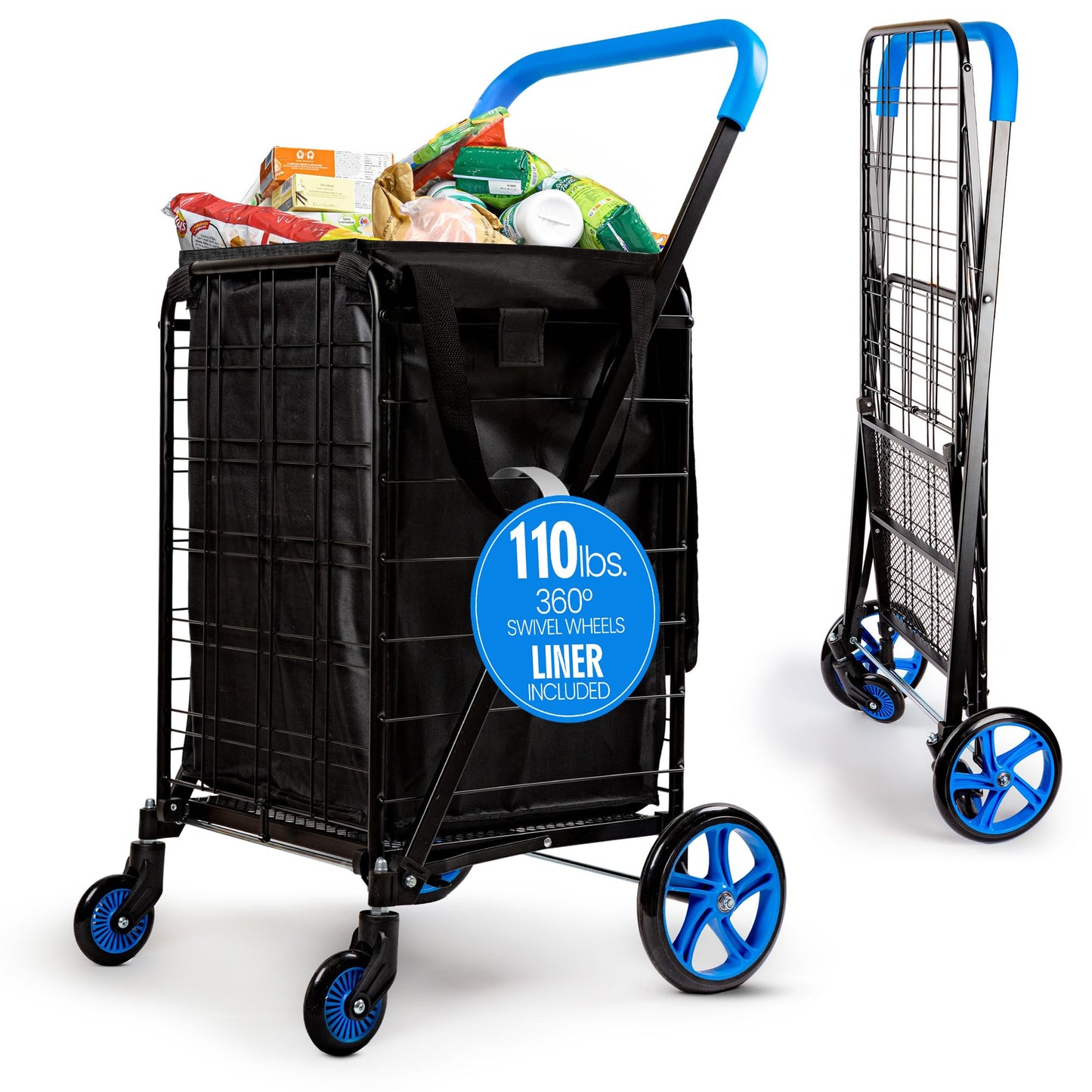 SereneLife Large Folding Utility Shopping Cart with Removable Liner – Heavy Duty, 360° Swivel Wheels, 110 lb Capacity, Portable for Groceries, Laundry, Luggage, and More(Blue)