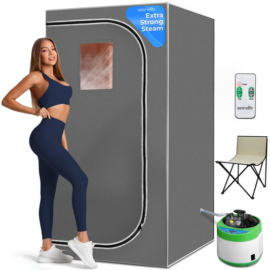 SereneLife Portable Full Size Home Spa| One Person Sauna | with Heating Foot Pad and Portable Chair (Steam Gray)