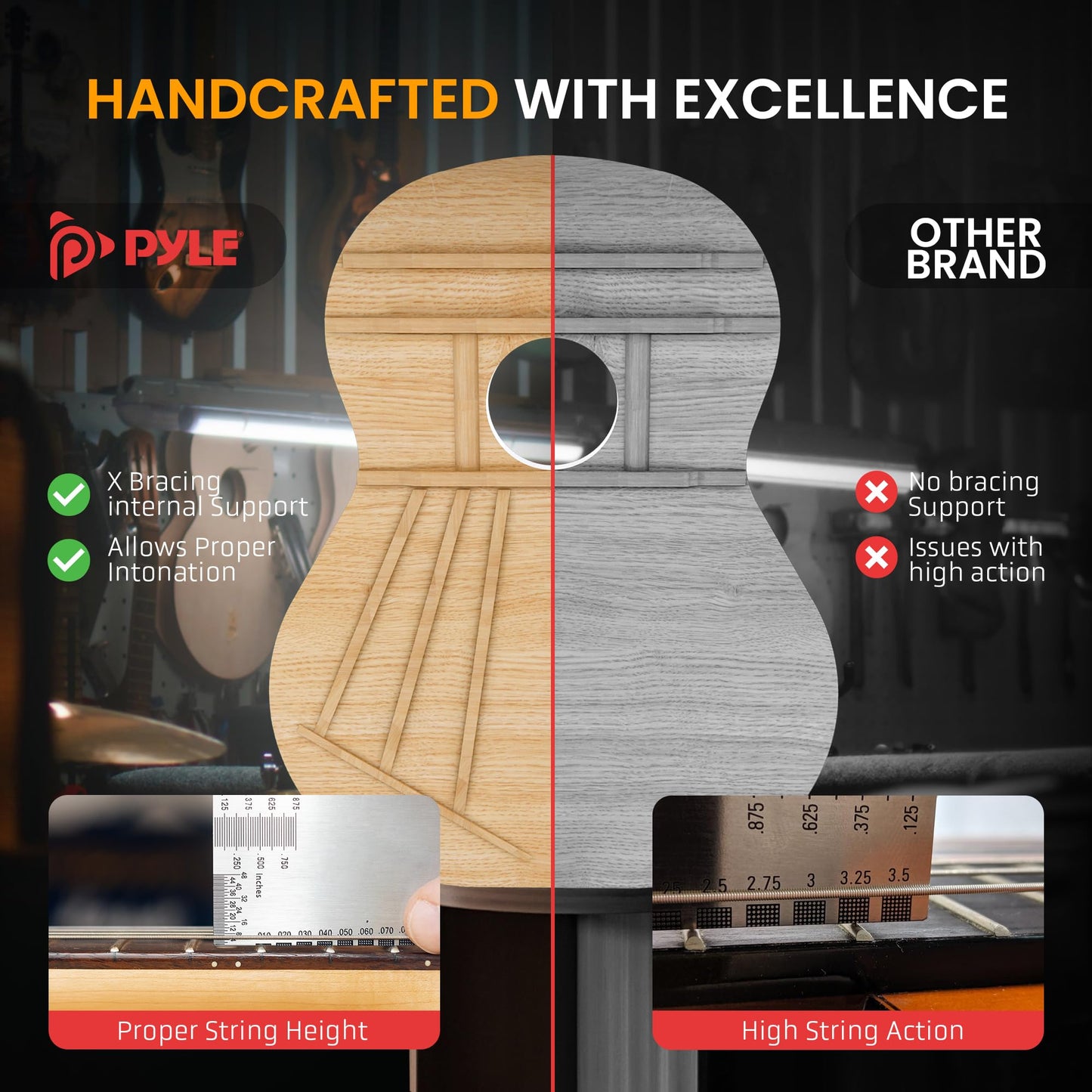 Pyle Beginner Acoustic Guitar Kit, 1/2 Junior Size All Wood Instrument for Kids, Adults, 34" Black Matte