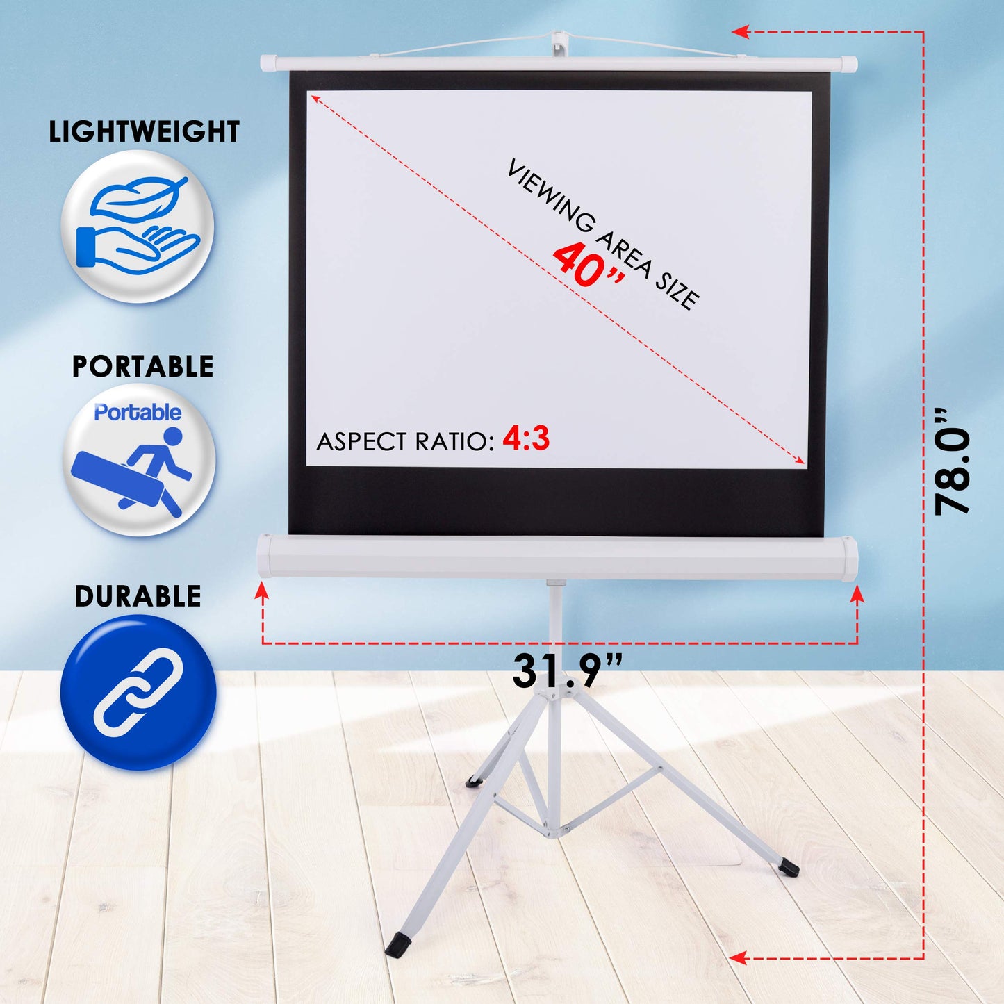 Pyle 40-Inch Portable Projector Screen with Tripod Stand - Lightweight and Durable Movie Projector Screen, Easy Pull Setup, 4:3 Aspect Ratio, Perfect for Indoor/Outdoor Use, Schools & Conferences