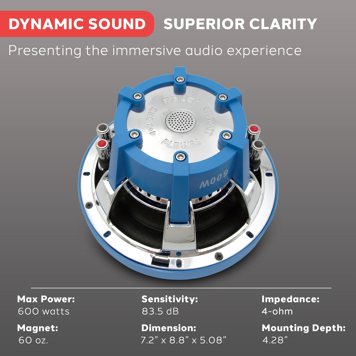 Pyle Car Vehicle Subwoofer Audio Speaker - 8 Inch Blue Injection Molded Cone, Blue Chrome-Plated Plastic Basket, Dual Voice Coil 4 Ohm Impedance, 600 Watt Power, Vehicle Stereo Sound System PLBW84
