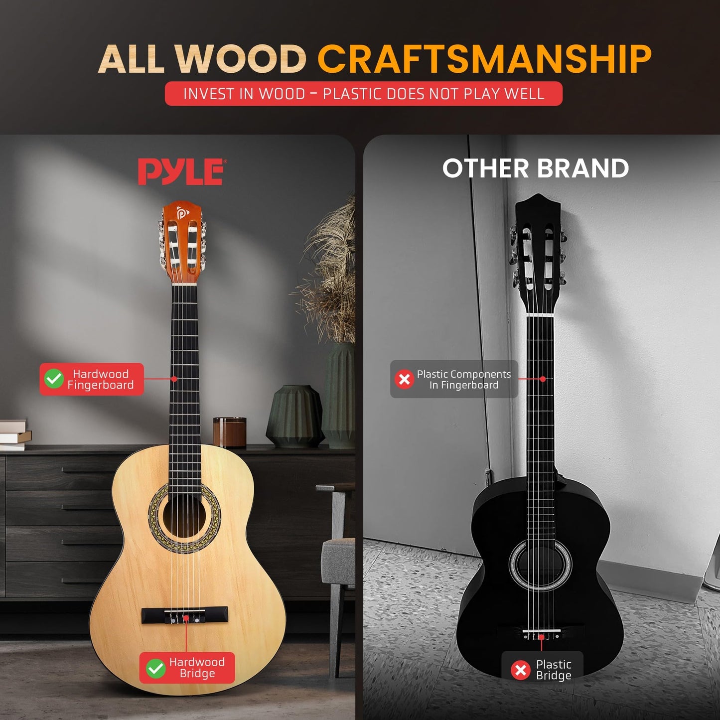 Pyle Beginner Acoustic Guitar Kit, 3/4 Junior Size All Wood Instrument for Kids, Adults, 36" Natural Ash