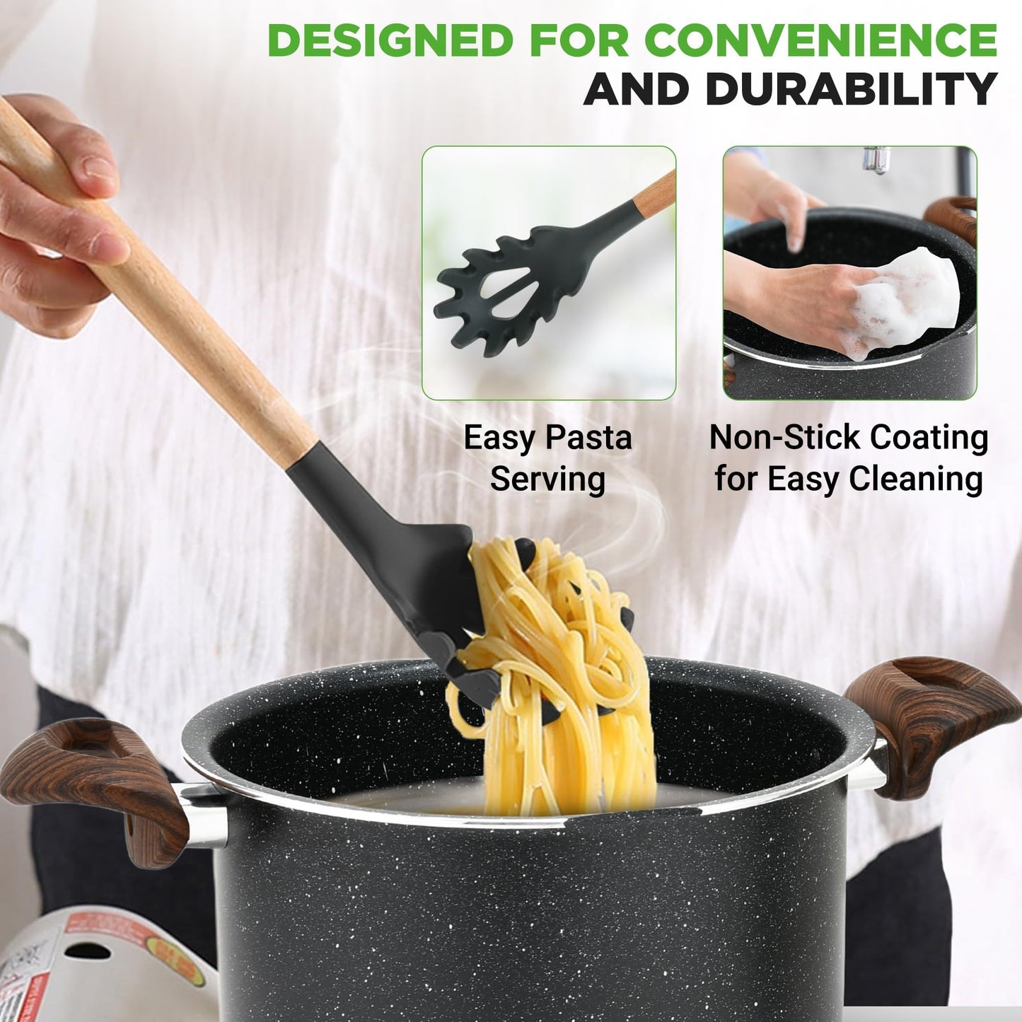 NutriChef 5qt Pasta Pot with Strainer Lid & Pasta Fork | Non-Stick Cooking Pot | Lockable Lid, Heat Resistant Handles | Even Heat Distribution | Easy Clean | Black Marble