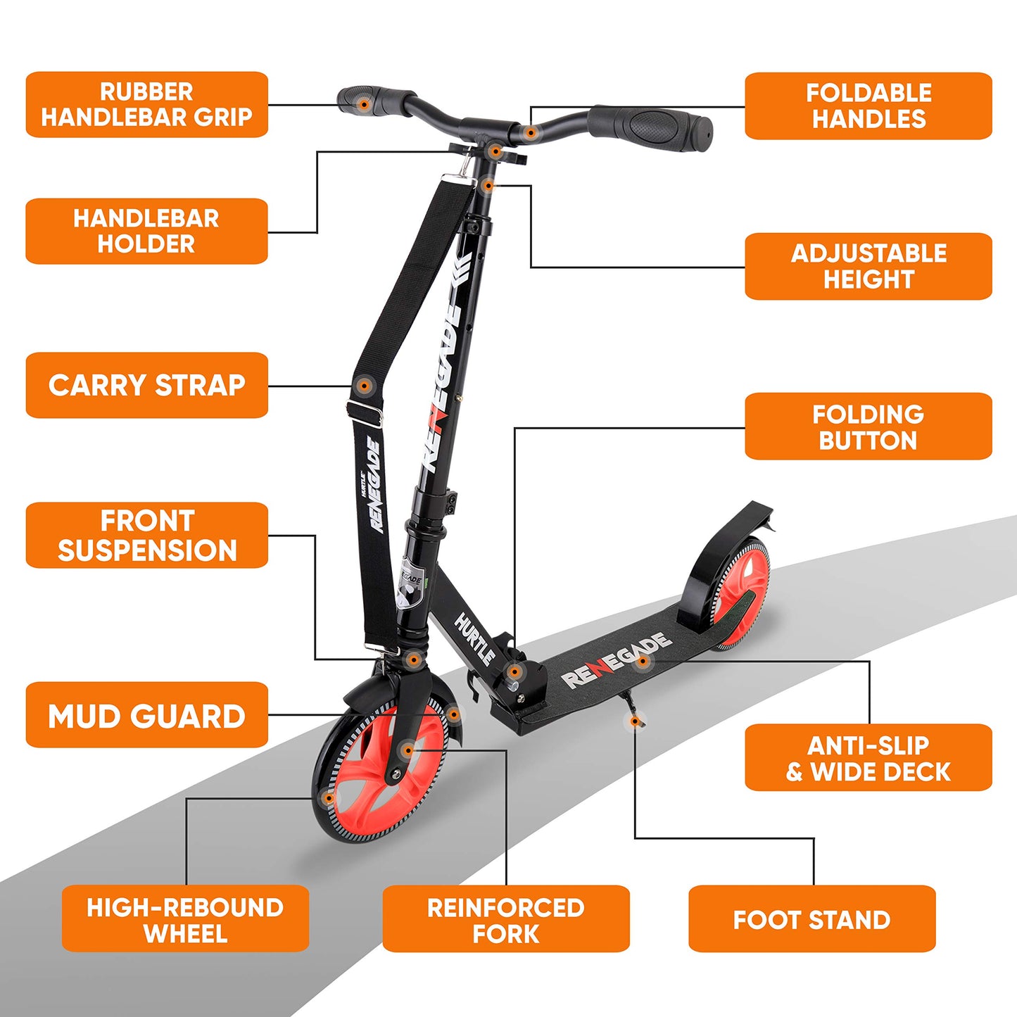 Hurtle Lightweight and Foldable Kick Scooter - Adjustable Scooter for Teens and Adult, Alloy Deck with High Impact Wheels (Black)