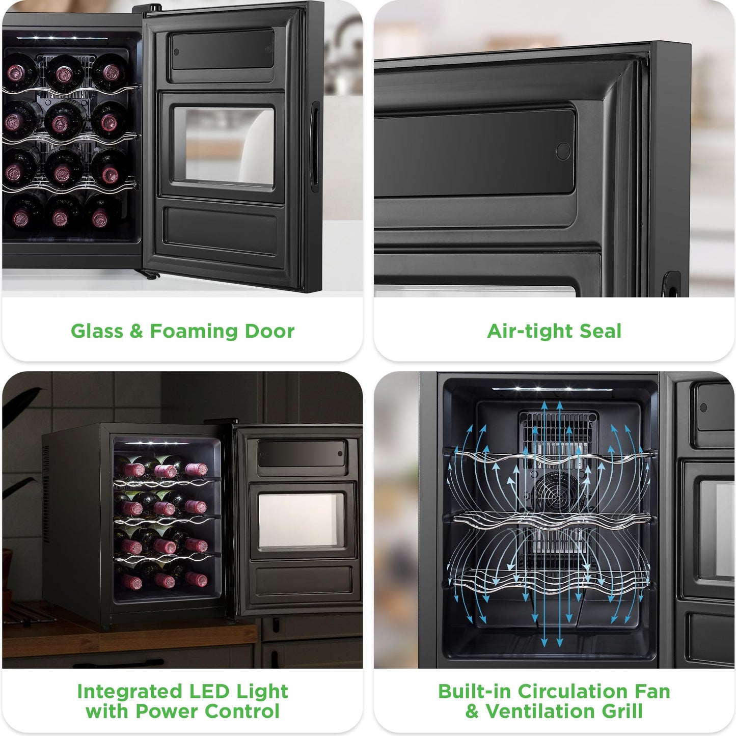NutriChef PKCWC128 12 Bottle Slim Fridge | for Both Red & White Adjustable Temperature 41°F to 64°F | Ultra Quiet | Mini Wine Cooler for Home & Office | Free Standing 18x13x20 in | Black