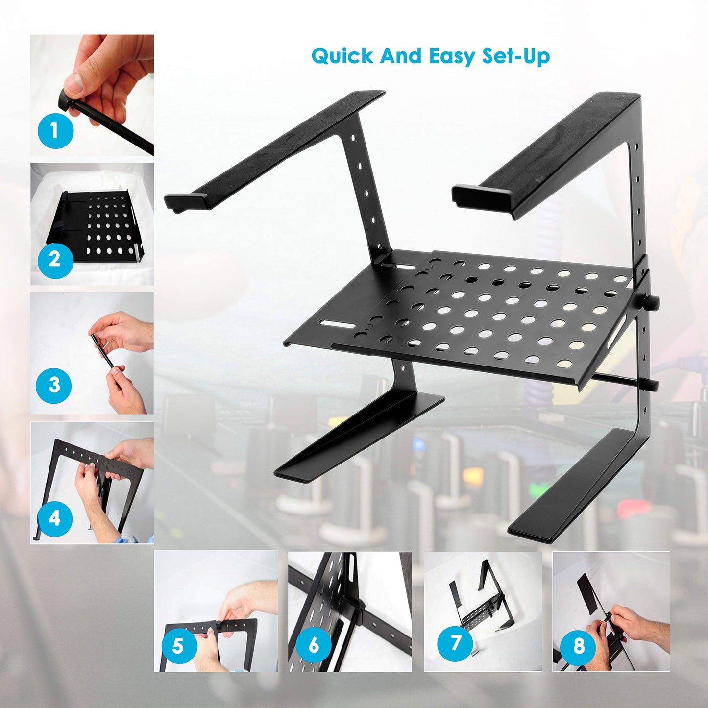 Pyle Portable Adjustable Laptop Stand - 6.3 to 10.9 Inch Standing Table Monitor or Computer Desk Workstation Riser with Shelf Storage and Height Alignment for DJ, PC, Gaming, Home or Office - PLPTS26