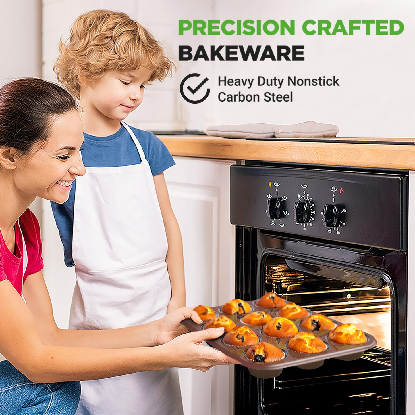 NutriChef 12 Cup Nonstick Muffin Pans for Cupcakes, 2-Piece Cupcake Mould, Non-Toxic Carbon Steel Stackable Cup Cake Tray, Dishwasher Safe, Easy Release, Easy clean - Gold