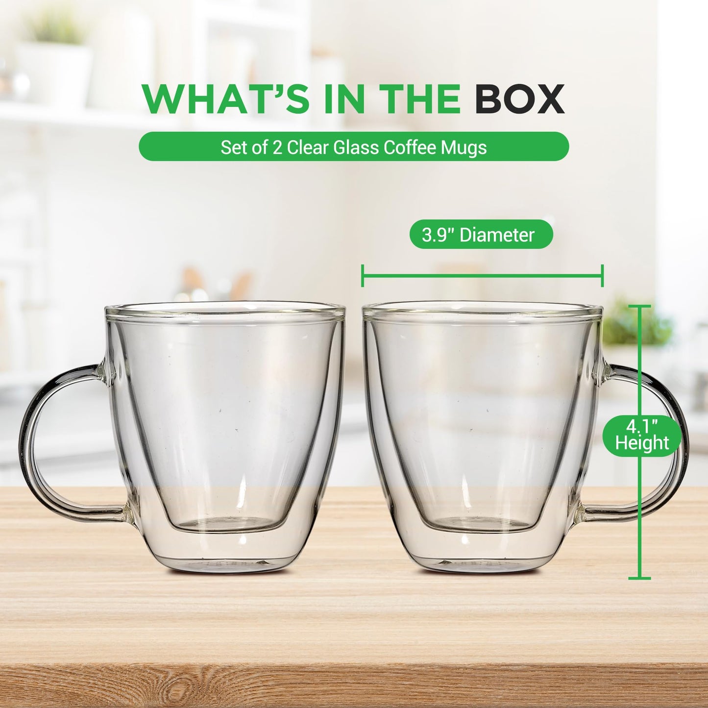 NutriChef 5.2 Oz Espresso Cups (Set Of 2), Double Walled Glass Coffee Mugs For Hot And Cold Drinks, Insulated Glass Coffee Mugs With Handle