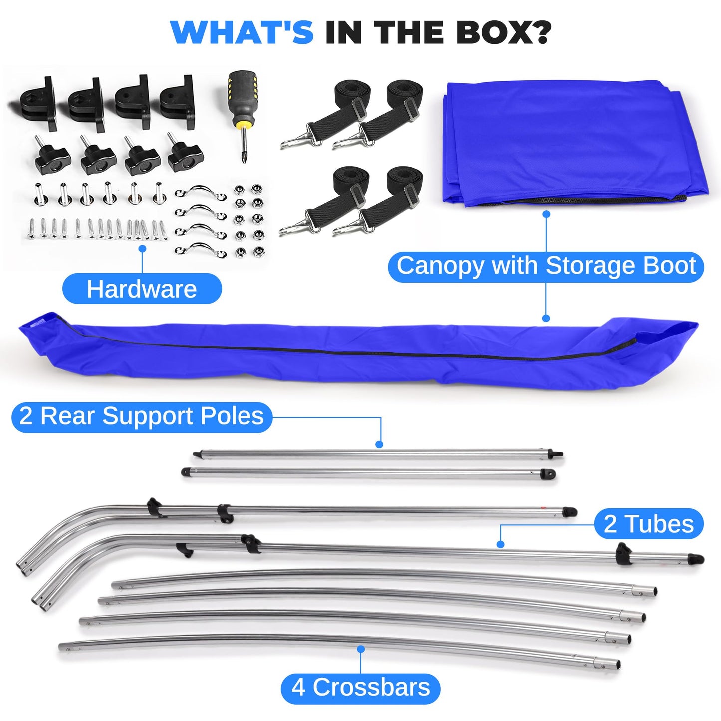 SereneLife 4 Bow Bimini Top Boat Cover – 96" L x 85-90" W x 54" H, Durable 1" Aluminum Frame, Waterproof & UV-Resistant, Easy Install with Front Straps, Rear Support Arms & Free Storage Boot (Blue)