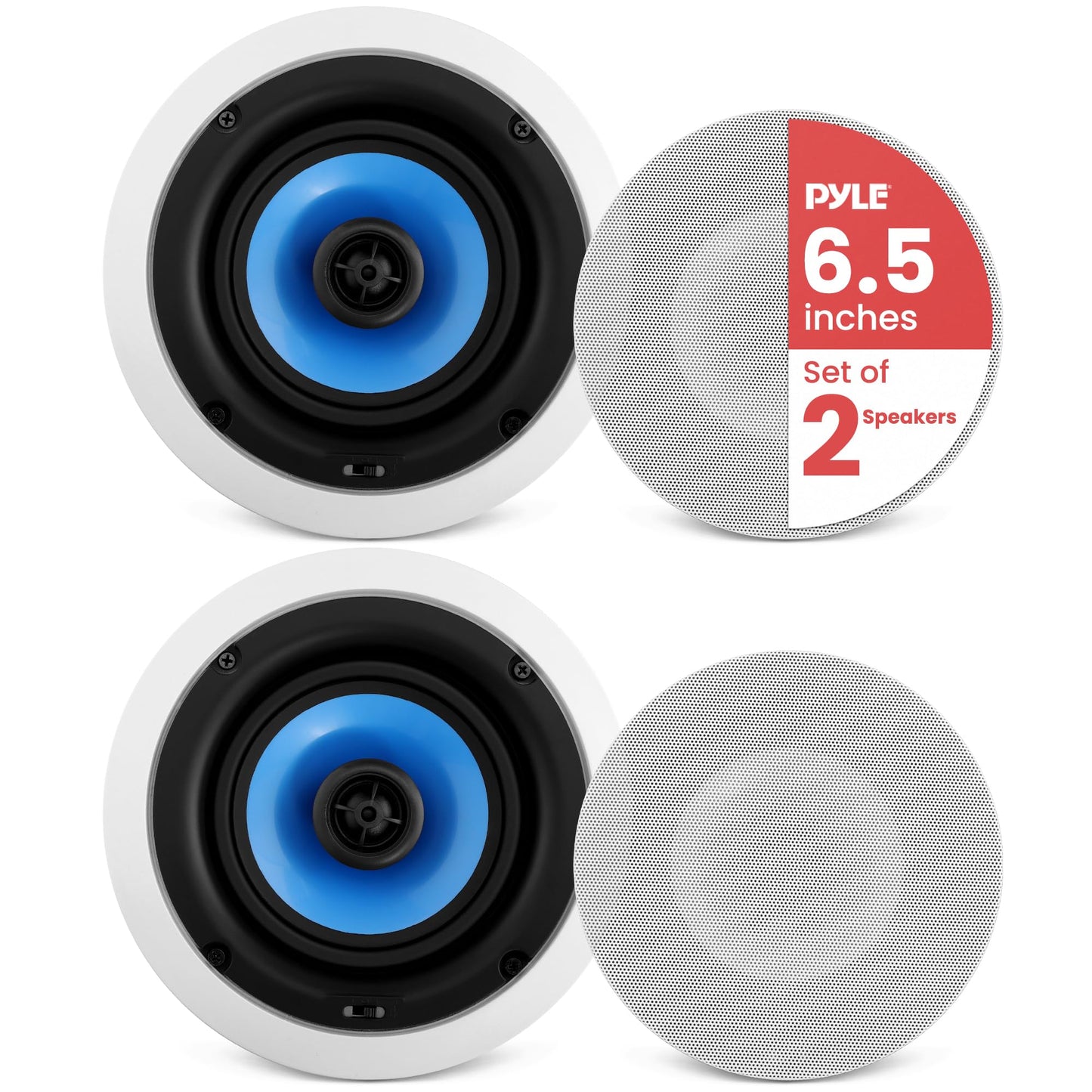 Pyle 6.5'' Home In-Wall / In-Ceiling Speakers, 250W Peak Power, Dual Hi-Fi Stereo Sound, Pivoting Silk Dome Tweeter, Poly Cone Mid-Bass, Adjustable Treble, Stain Resistant Grill, Custom Installations
