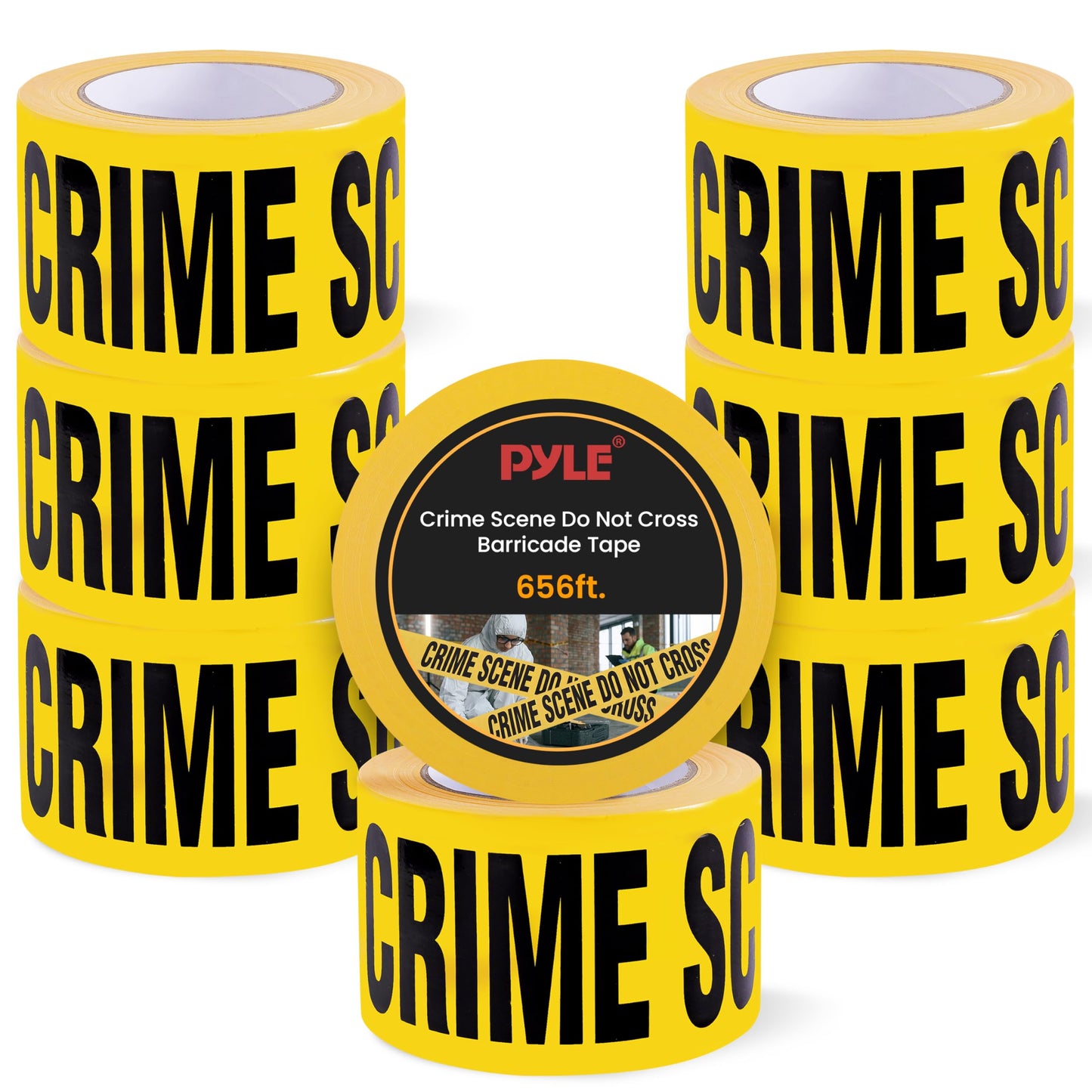 Pyle 8 Pieces Yellow Crime Scene Do Not Cross Tape Set - 656 Foot Long Tape Roll Suitable for a Wide Range of Applications, Including Roadworks, Events, and Hazardous Areas
