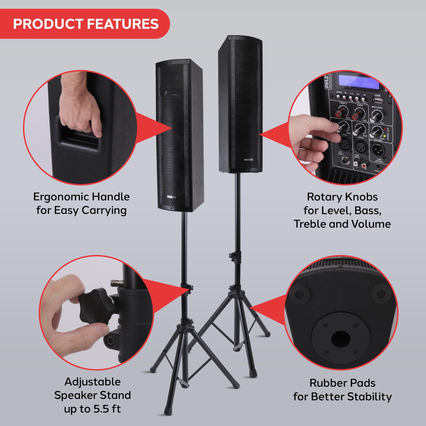 Pyle Portable Bluetooth PA Speaker System - 3-Way Active & Passive Outdoor Bluetooth Speaker Portable PA System w/ Microphone In, Party Lights, FM Radio - Tripod, Remote - Pyle PS65ACT,Black
