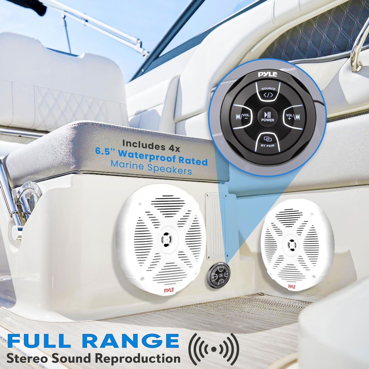 Pyle 6.5'' Water-Resistant Rated Off-Road Speakers - Marine Speakers w/ Wireless BT Remote Control Receiver, Compact Dual Vehicle Speaker System for ATV, UTV, 4x4, Jeep, Powersports Vehicles