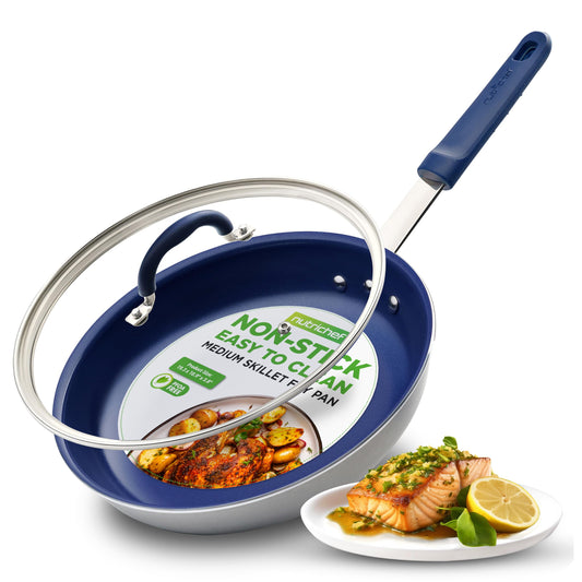 NutriChef 10" Fry Pan With Lid - Medium Skillet Nonstick Frying Pan with Silicone Handle, Ceramic Coating, Blue Silicone Handle, Stain-Resistant And Easy To Clean, Professional Home Cookware
