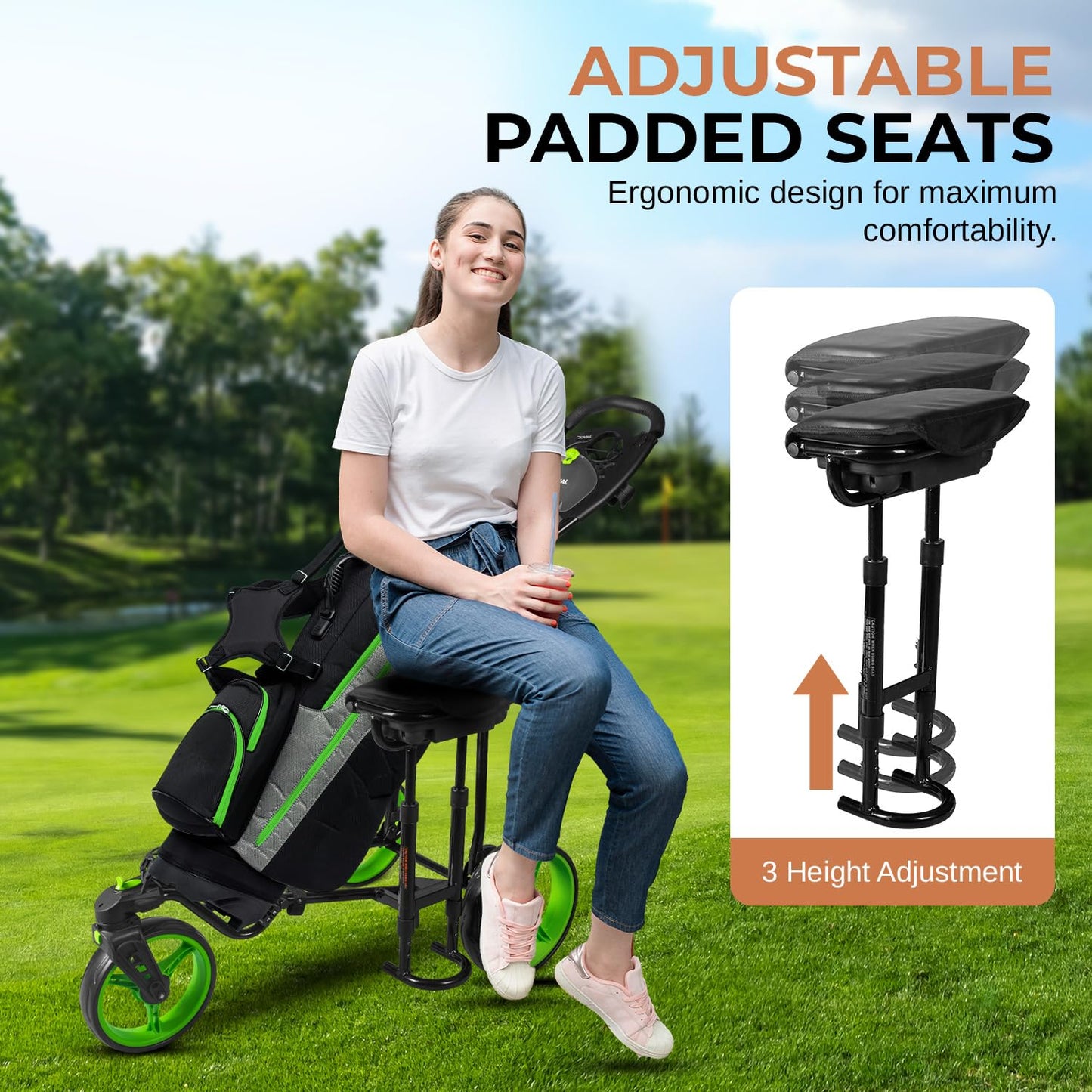 JOVIAL 3 Wheel Golf Push Pull Cart with Built-in Seat for Relaxation - Lightweight, Foldable, Collapsible, Golf Caddy Accessories, Includes Scorecard Holder, Water Bottle/Mobile/Umbrella/Towel Holder