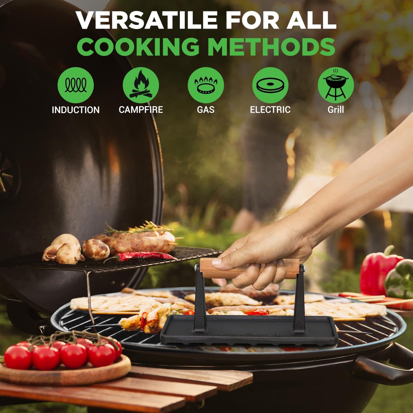 Nutrichef Cast Iron Grill Press - Heavy-Duty Griddle Press with Wooden Handle, Speeds Up Cooking Time on Steak, Burger Patty, Meats, Bacon, Quesadillas & More, Leave an Attractive Mark on Any Meat