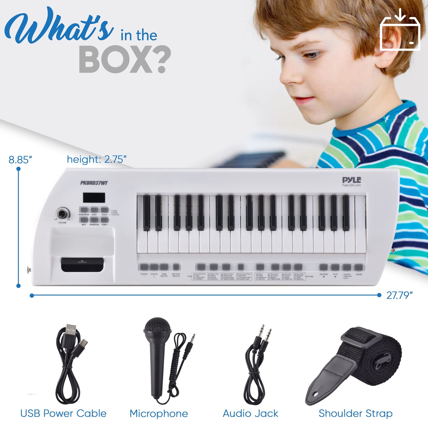 Pyle Electric Piano, 37-Key Music Keyboard, Built-in Stereo Speakers, Rechargeable Battery, Wired Microphone, Portable Design, Tones, 200 Rhythms (PKBRD37WT)